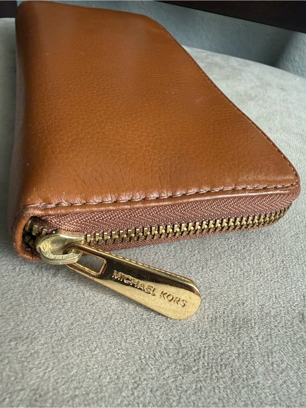 Michael Kors Cognac Leather Zip-Around Wallet with Gold Plaque